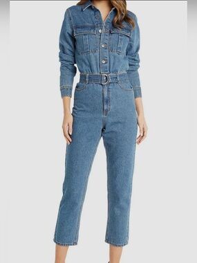 Bardot Womens Blue Collared Long-Sleeve Denim Jumpsuit Size US 28